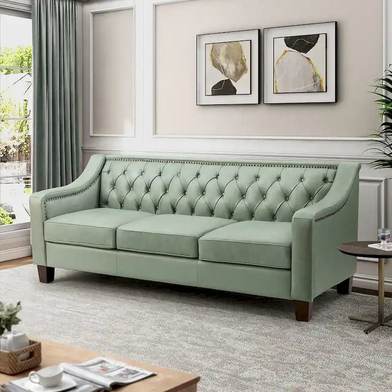 Transitional Genuine Leather Sofa with Nailhead Trim and Button-Tufted Back