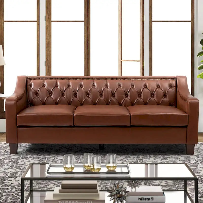 Transitional Genuine Leather Sofa with Nailhead Trim and Button-Tufted Back