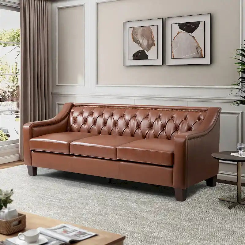 Transitional Genuine Leather Sofa with Nailhead Trim and Button-Tufted Back