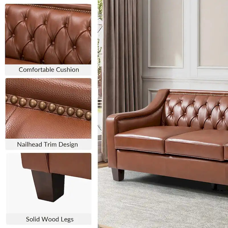 Transitional Genuine Leather Sofa with Nailhead Trim and Button-Tufted Back