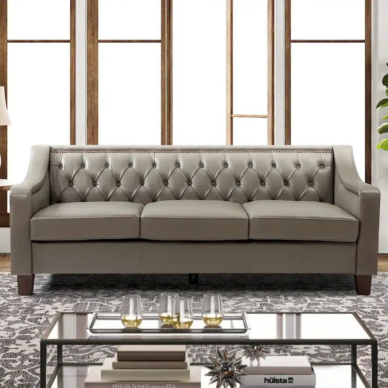 Transitional Genuine Leather Sofa with Nailhead Trim and Button-Tufted Back