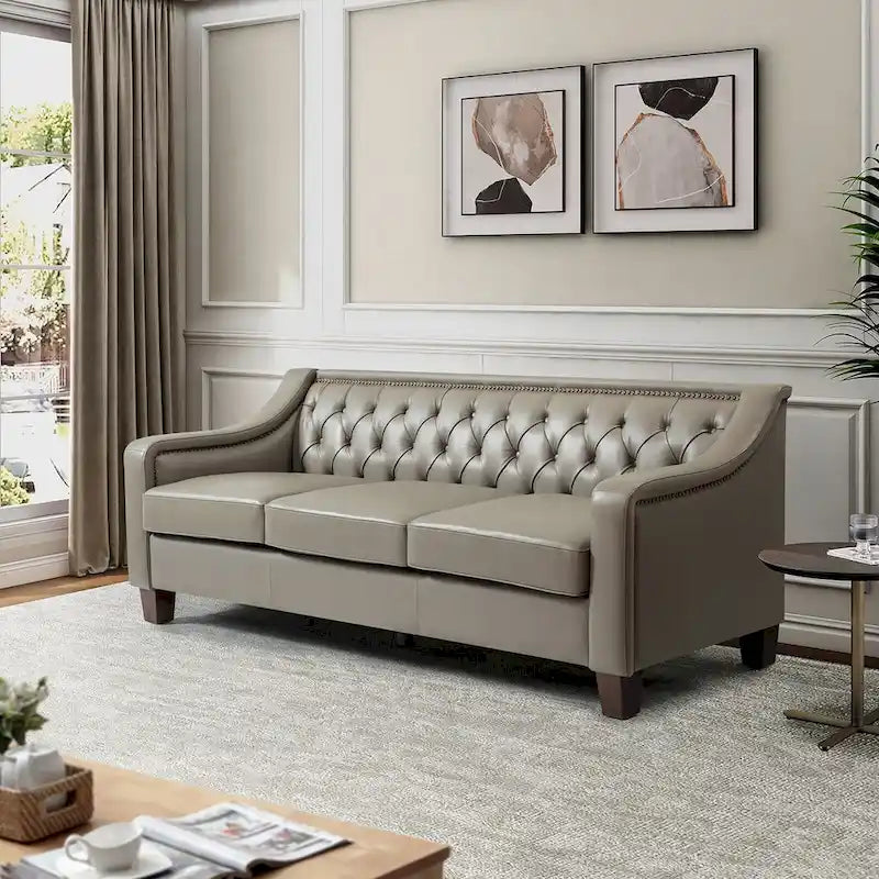 Transitional Genuine Leather Sofa with Nailhead Trim and Button-Tufted Back