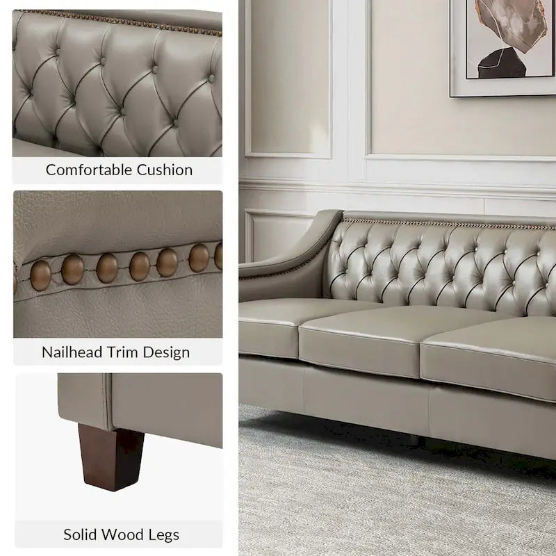Transitional Genuine Leather Sofa with Nailhead Trim and Button-Tufted Back