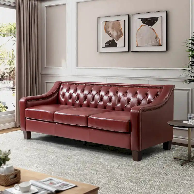 Transitional Genuine Leather Sofa with Nailhead Trim and Button-Tufted Back
