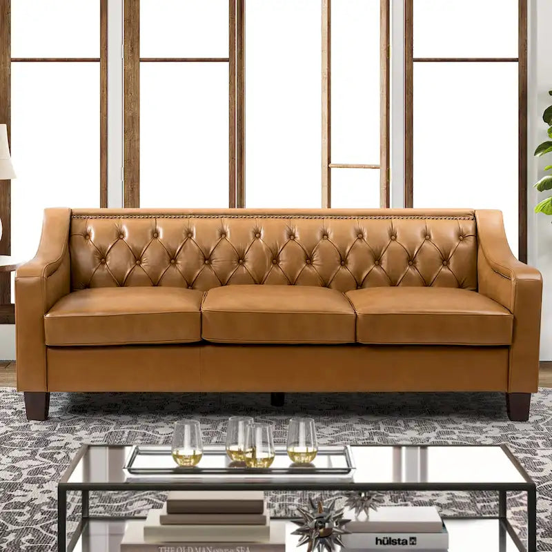 Transitional Genuine Leather Sofa with Nailhead Trim and Button-Tufted Back