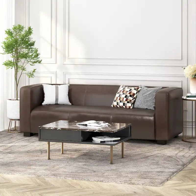 Faux Leather 3-Seater Tuxedo Sofa with Birch Wood Legs