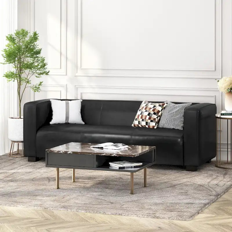 Faux Leather 3-Seater Tuxedo Sofa with Birch Wood Legs