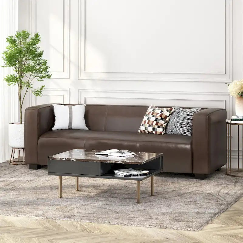 Faux Leather 3-Seater Tuxedo Sofa with Birch Wood Legs