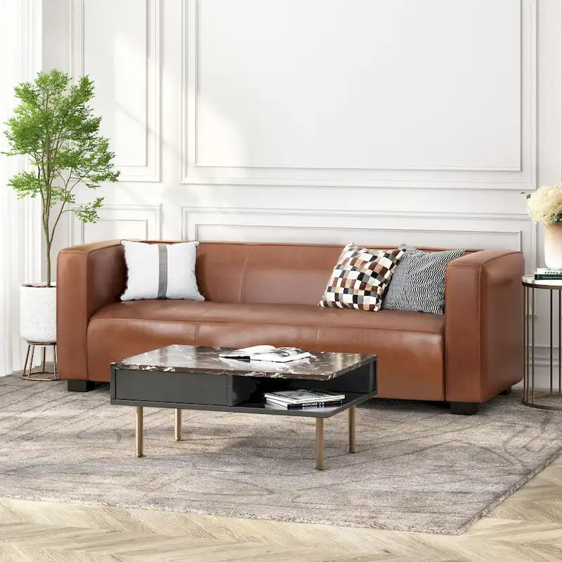 Dreisitziges Smoking-Sofa aus Kunstleder mit Beinen aus Birkenholz