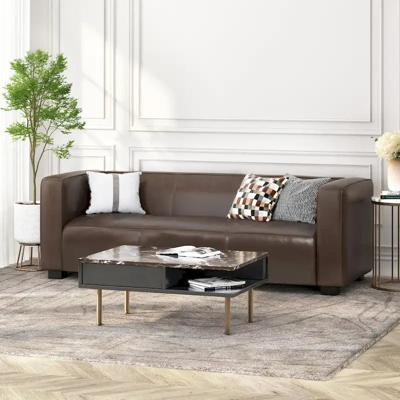 Dreisitziges Smoking-Sofa aus Kunstleder mit Beinen aus Birkenholz