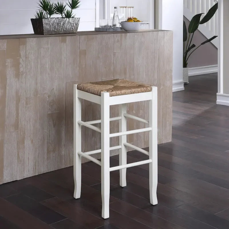 29-Inch Square Woven Seat Bar Stool with Solid Wood Frame