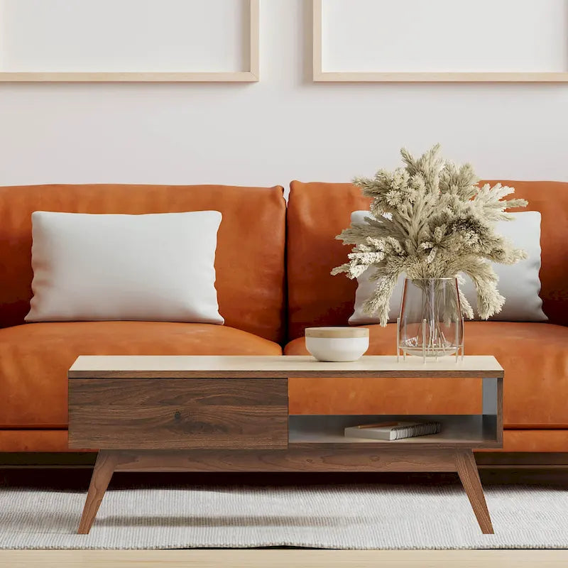 Walnut Coffee Table with Drawer and Open Shelf