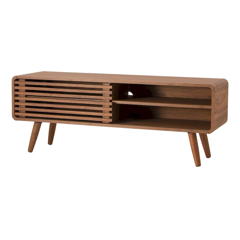 Low-Profile Slat TV Stand with Adjustable Shelves