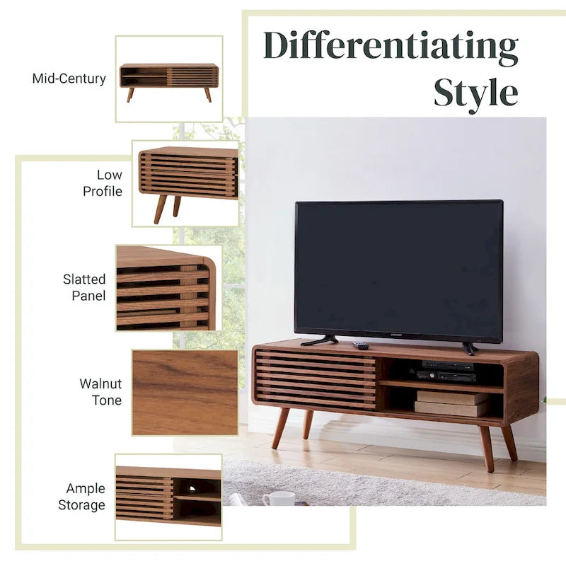 Low-Profile Slat TV Stand with Adjustable Shelves