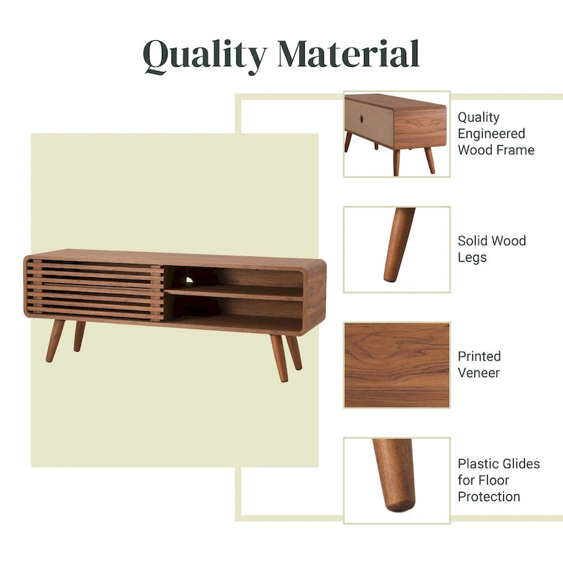 Low-Profile Slat TV Stand with Adjustable Shelves