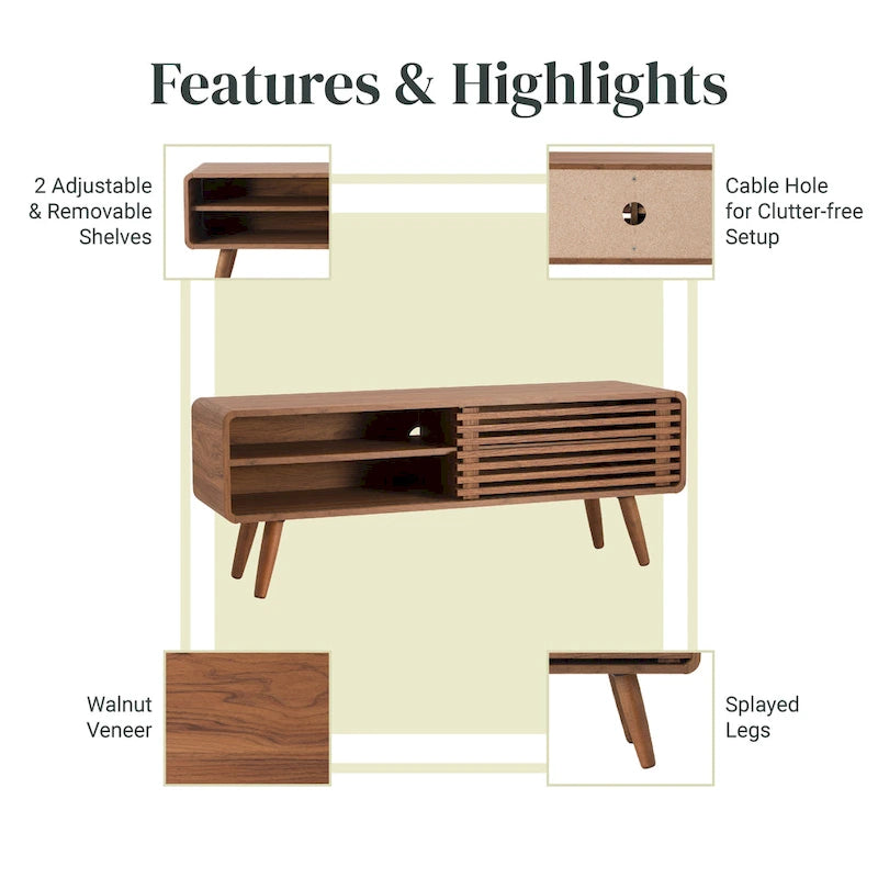 Low-Profile Slat TV Stand with Adjustable Shelves