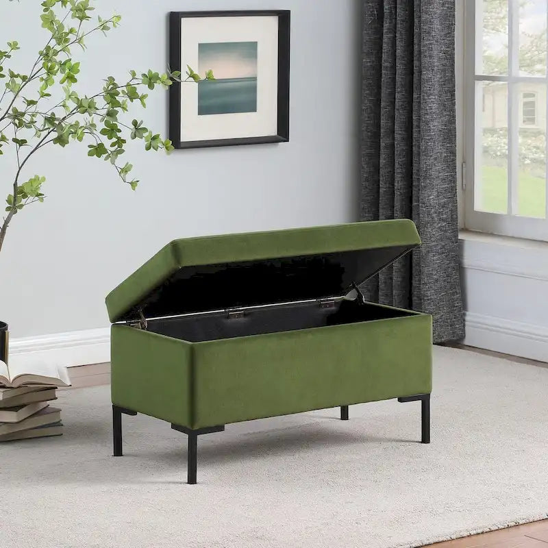 32-Inch Upholstered Storage Bench with Black Metal Legs