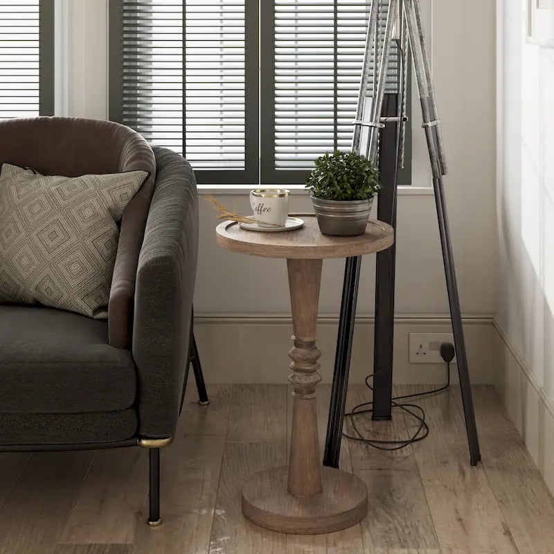 Small Solid Wood Pedestal Side Table with Round Tray Top