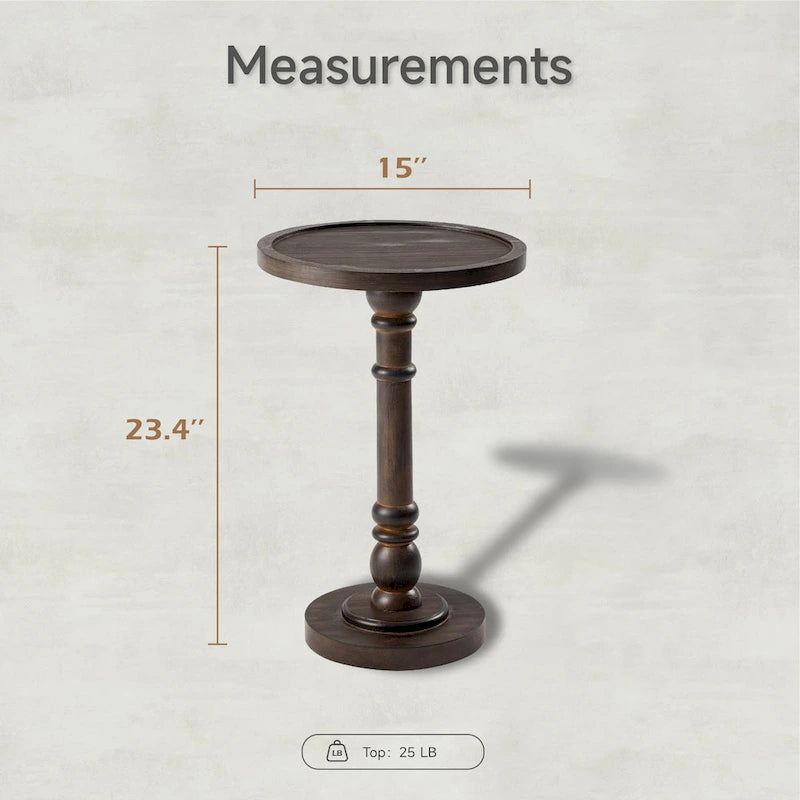 Kleine bijzettafel van massief hout met voet en rond dienbladblad