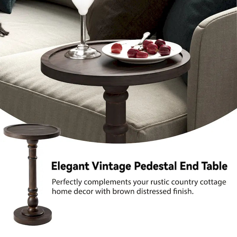Small Solid Wood Pedestal Side Table with Round Tray Top