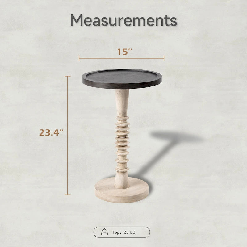 Kleine bijzettafel van massief hout met voet en rond dienbladblad