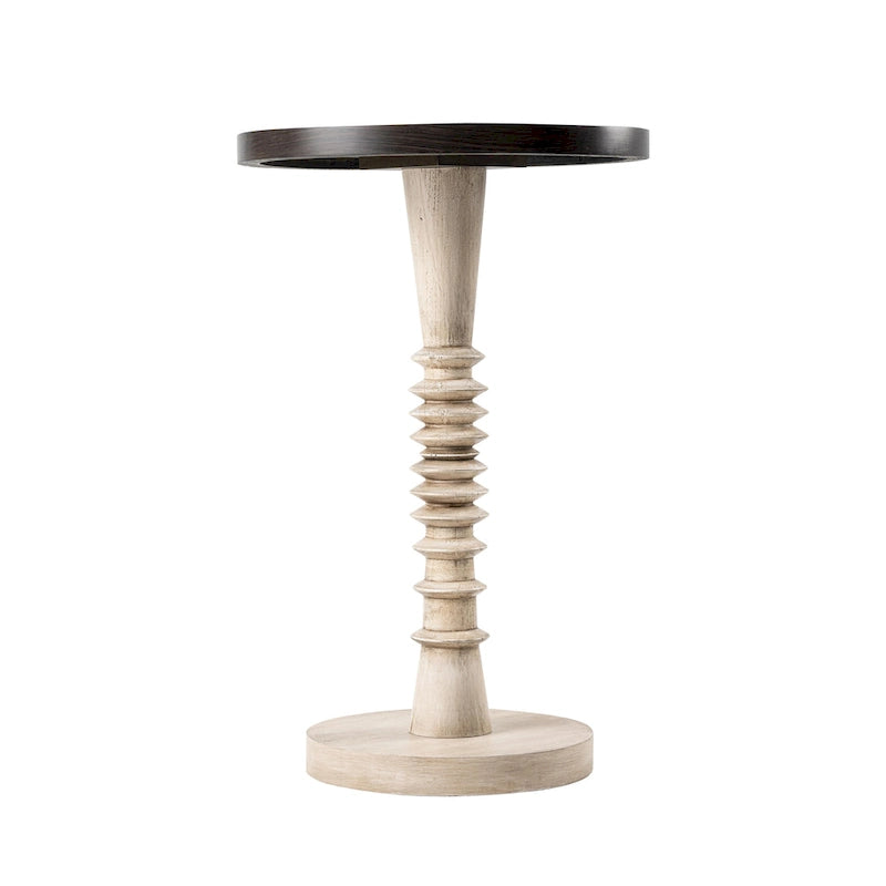 Kleine bijzettafel van massief hout met voet en rond dienbladblad