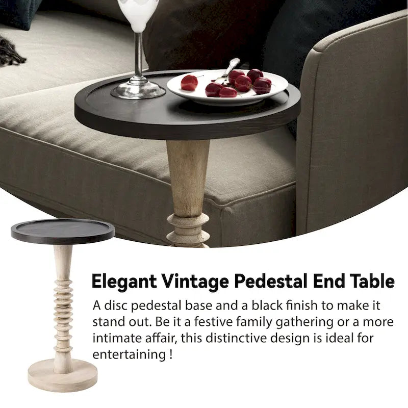 Kleine bijzettafel van massief hout met voet en rond dienbladblad