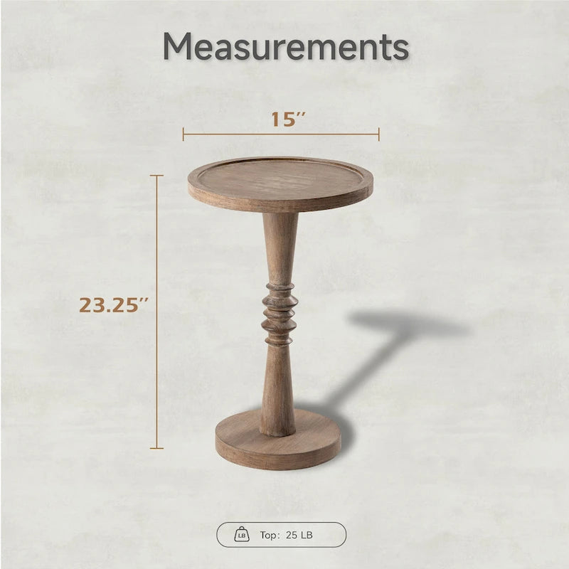 Kleine bijzettafel van massief hout met voet en rond dienbladblad