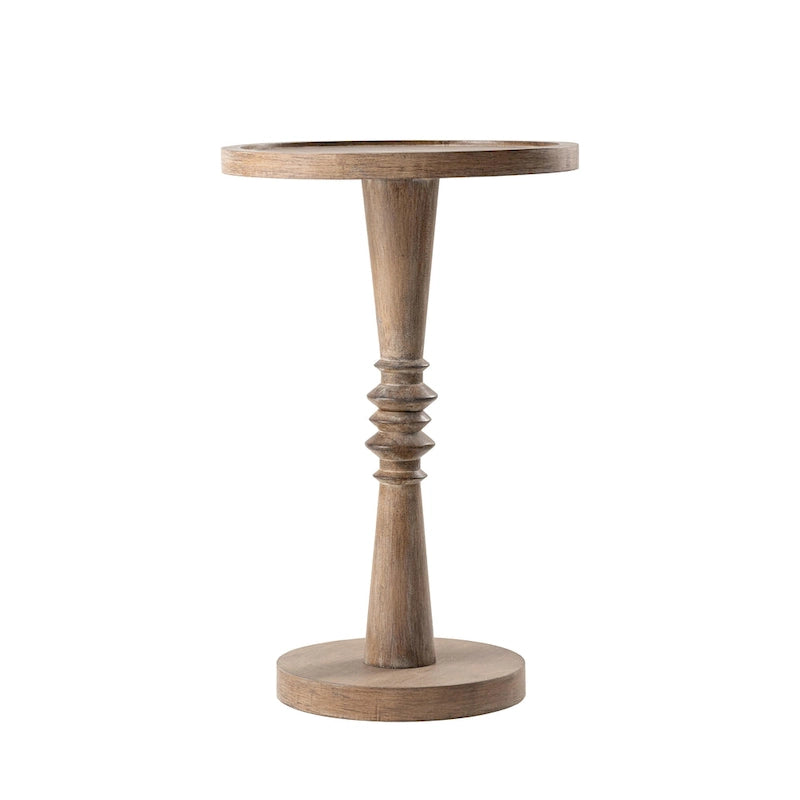 Kleine bijzettafel van massief hout met voet en rond dienbladblad