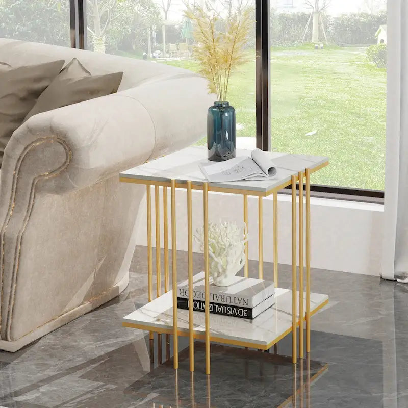 2-Tier Square Sintered Stone Side Table with Gold Metal Frame