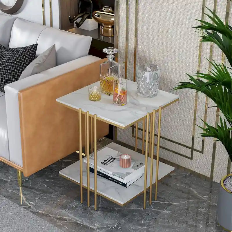 2-Tier Square Sintered Stone Side Table with Gold Metal Frame