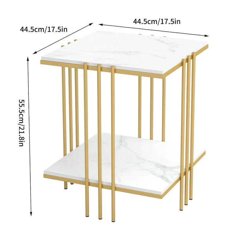 Quadratischer Beistelltisch mit 2 Ebenen aus gesintertem Stein und goldenem Metallgestell