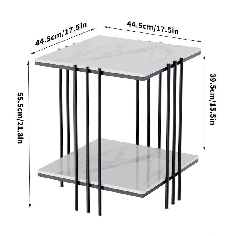 Quadratischer Beistelltisch mit 2 Ebenen aus gesintertem Stein und goldenem Metallgestell