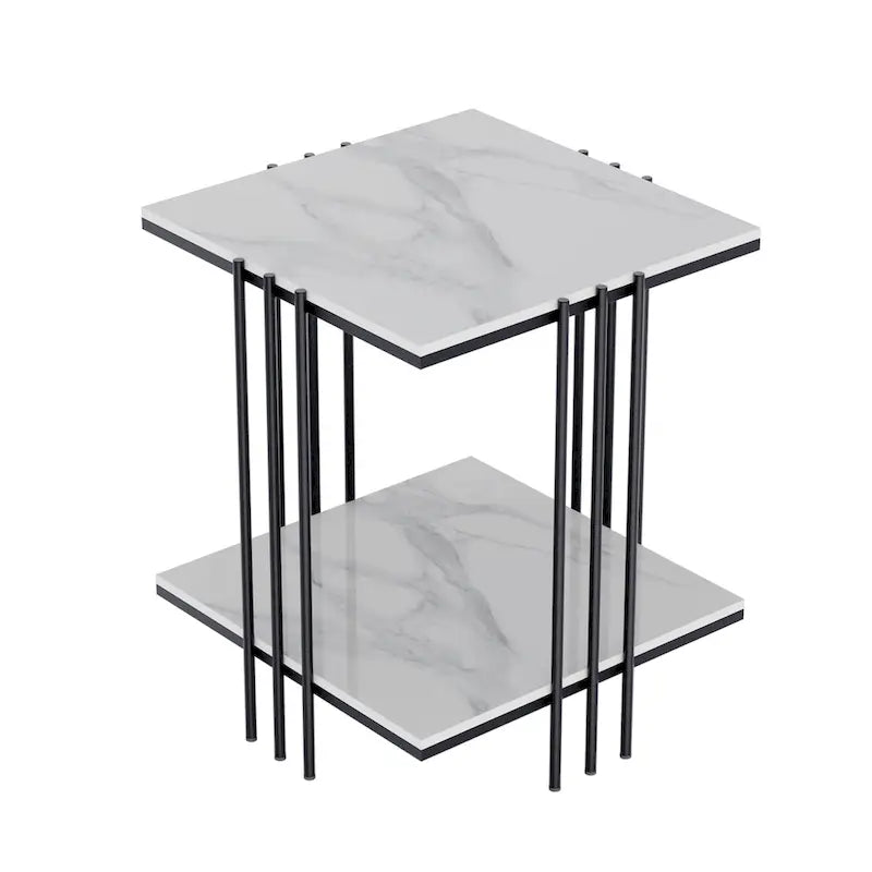 Quadratischer Beistelltisch mit 2 Ebenen aus gesintertem Stein und goldenem Metallgestell