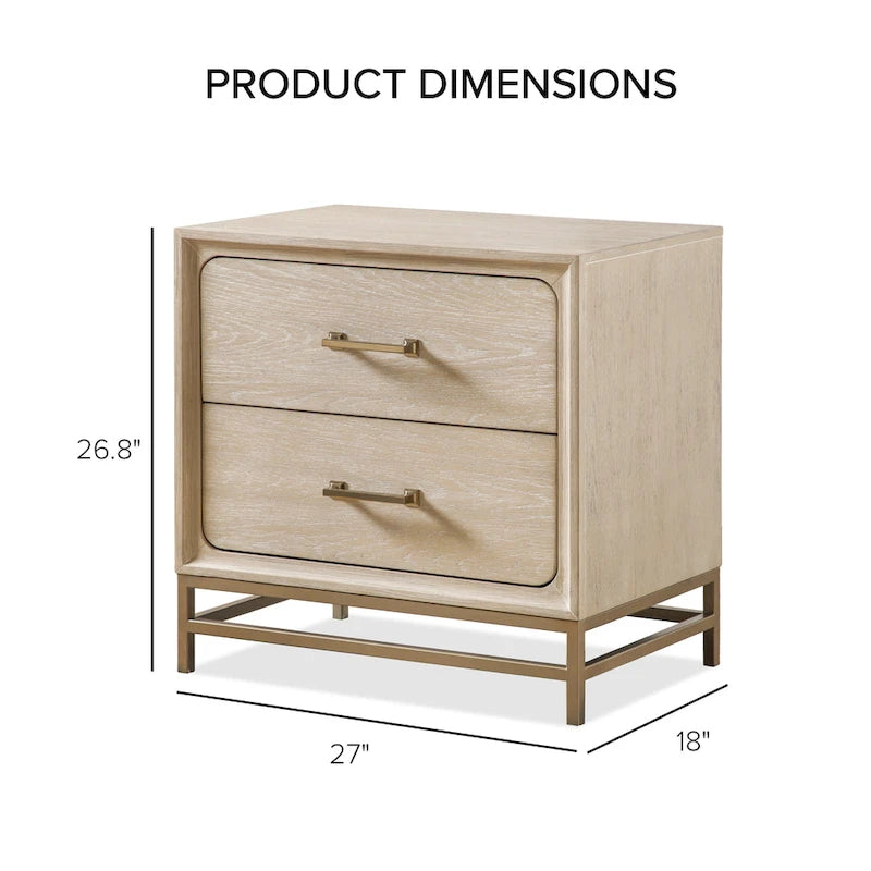 Oak-Finish Solid Wood 2-Drawer Nightstand with Gold Metal Legs