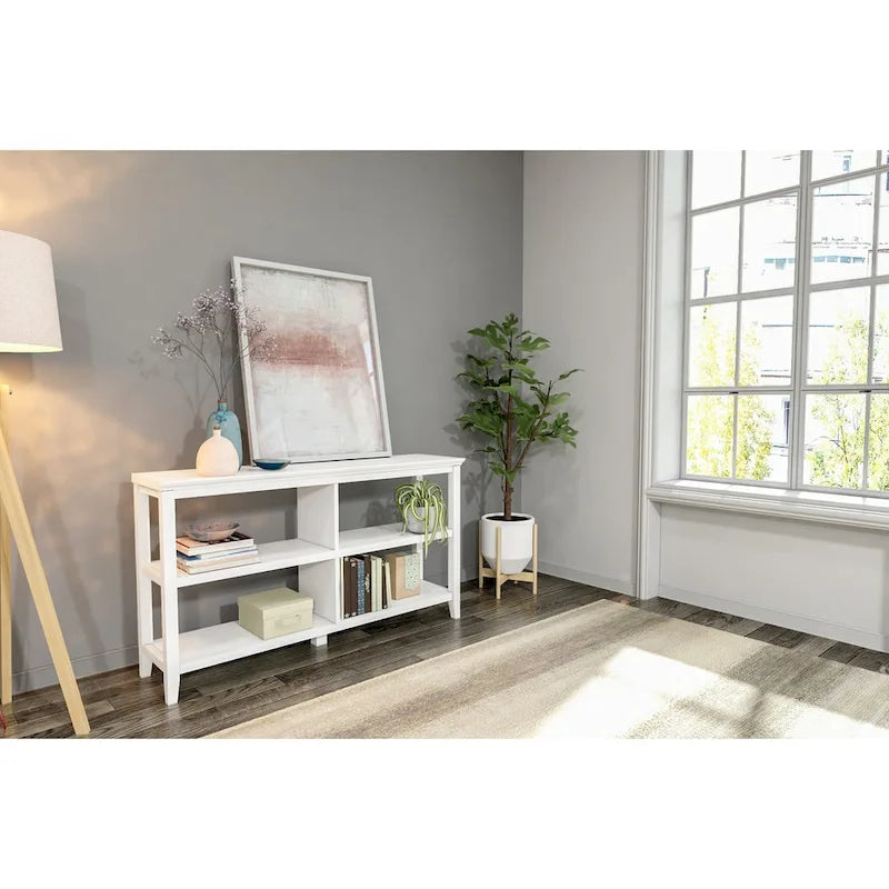 137 cm breites, niedriges Bücherregal aus Holz mit offenen Fächern, Weiß