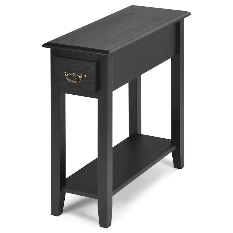 Narrow Wood-Grain End Table with Drawer and Lower Shelf