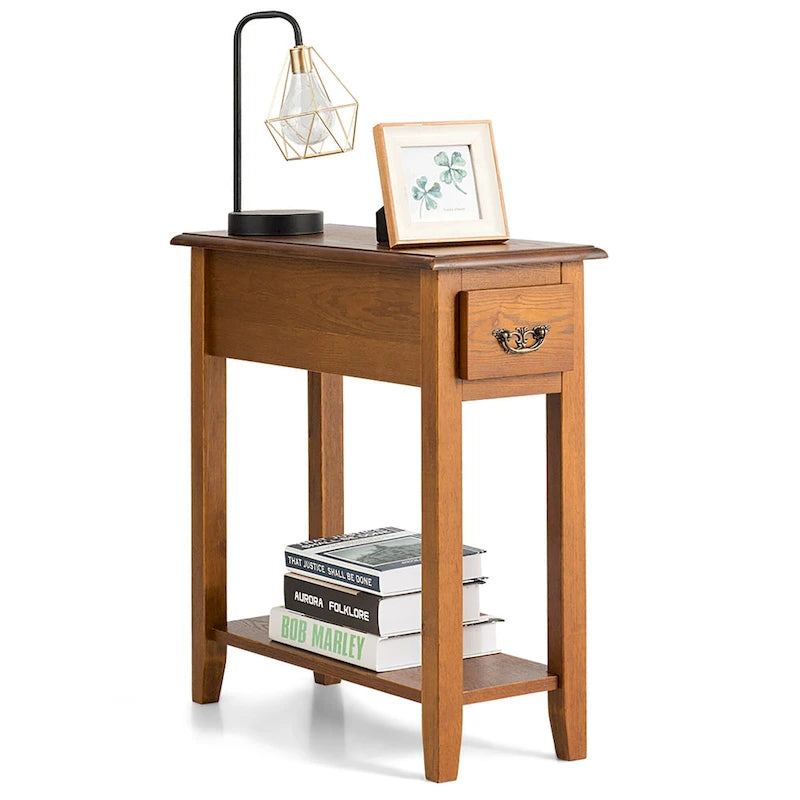 Sofa Side End Table 2 Tier Narrow Nightstand with Drawer