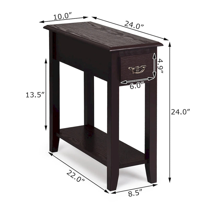 Narrow Wood-Grain End Table with Drawer and Lower Shelf