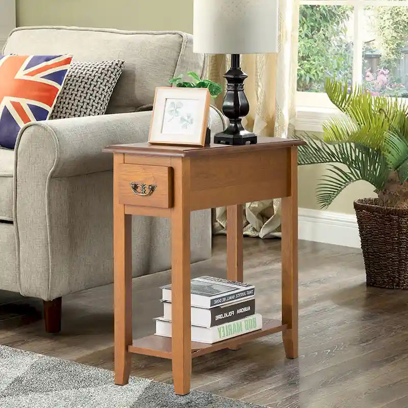 Narrow Wood-Grain End Table with Drawer and Lower Shelf