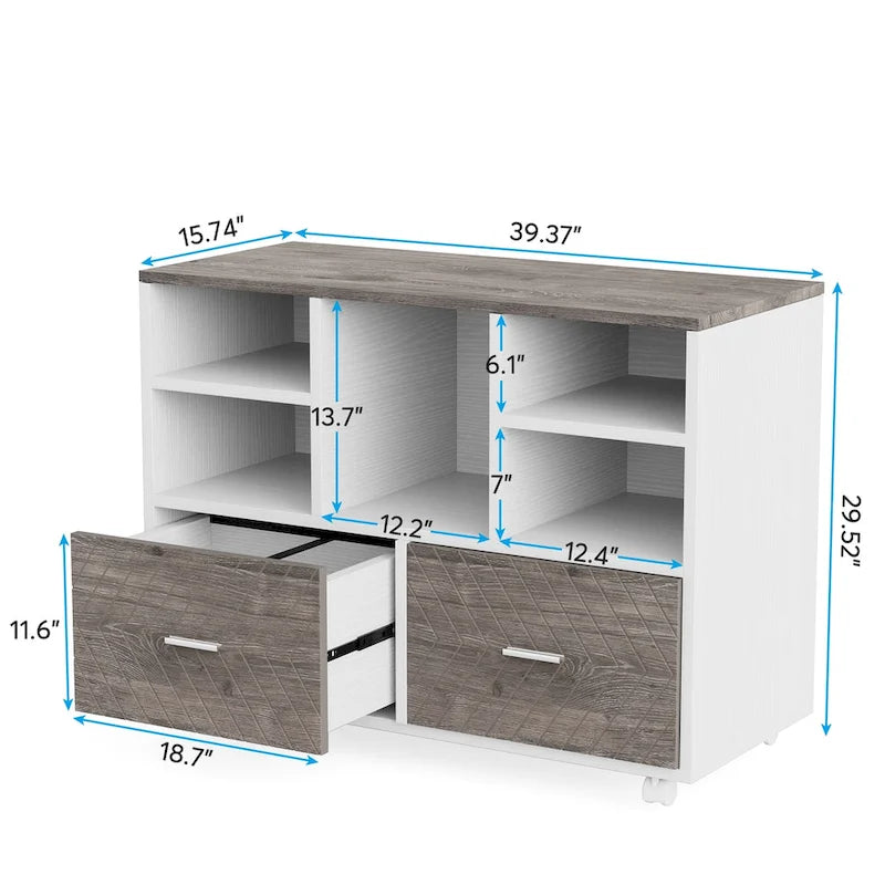 Holz-Aktenschrank mit 2 Schubladen und offenen Fächern, mobiler seitlicher Aktenschrank für hängende Akten im Letter-Format