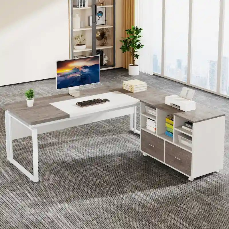 Holz-Aktenschrank mit 2 Schubladen und offenen Fächern, mobiler seitlicher Aktenschrank für hängende Akten im Letter-Format