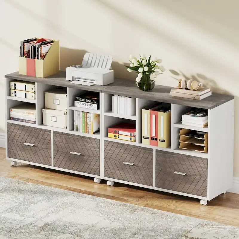 Holz-Aktenschrank mit 2 Schubladen und offenen Fächern, mobiler seitlicher Aktenschrank für hängende Akten im Letter-Format