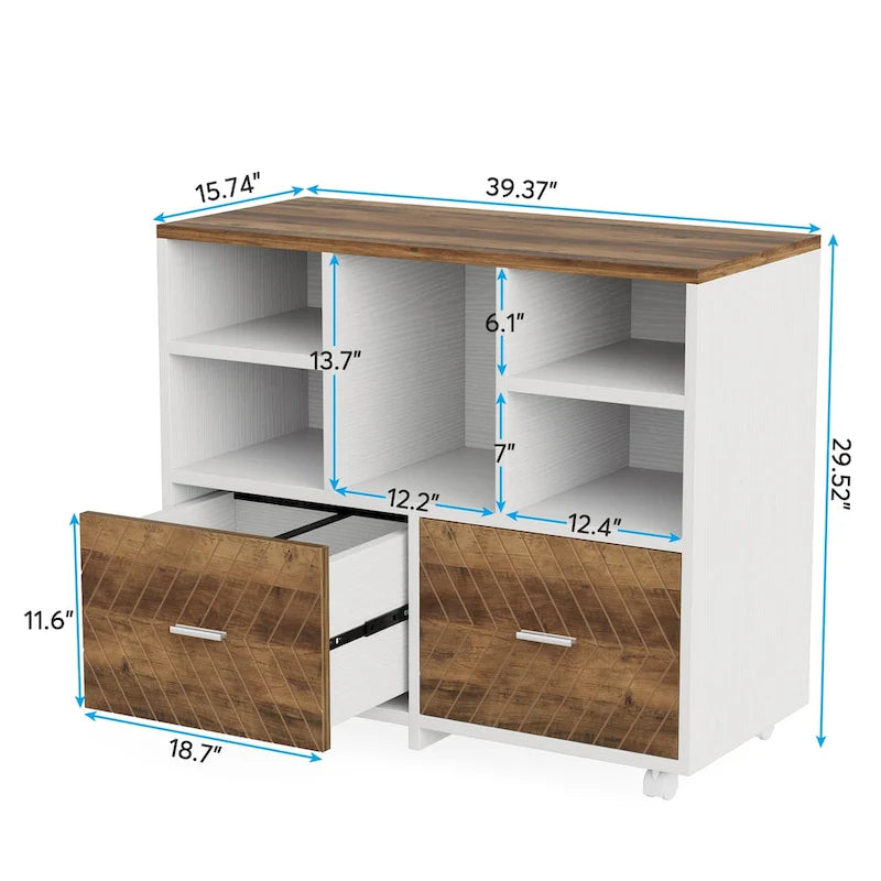 Holz-Aktenschrank mit 2 Schubladen und offenen Fächern, mobiler seitlicher Aktenschrank für hängende Akten im Letter-Format