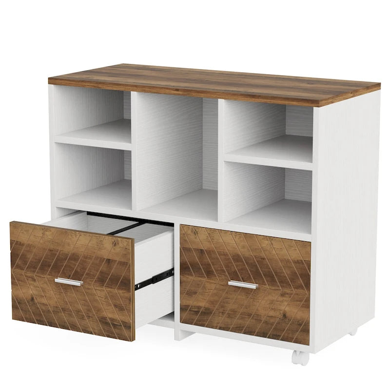 Holz-Aktenschrank mit 2 Schubladen und offenen Fächern, mobiler seitlicher Aktenschrank für hängende Akten im Letter-Format