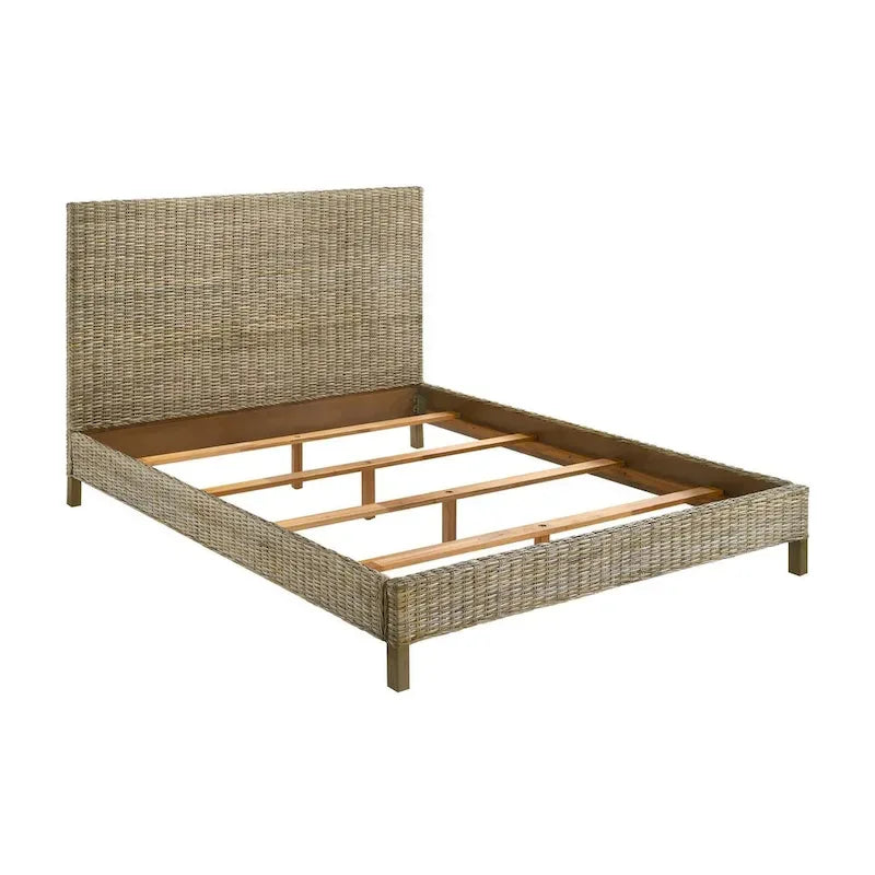 Grey Woven Rattan Panel Bed with Tall Headboard