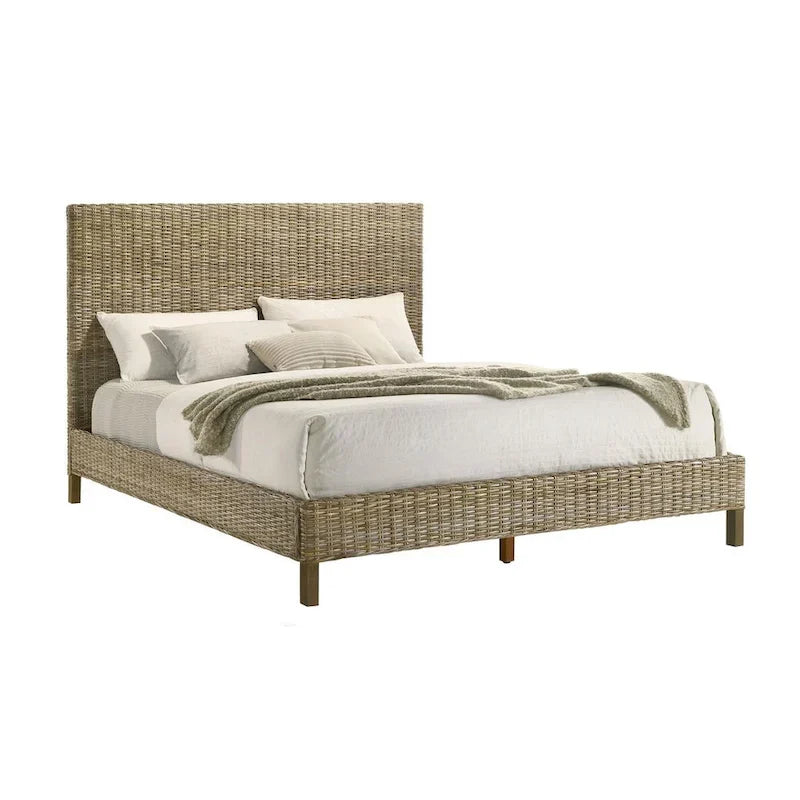Grey Woven Rattan Panel Bed with Tall Headboard