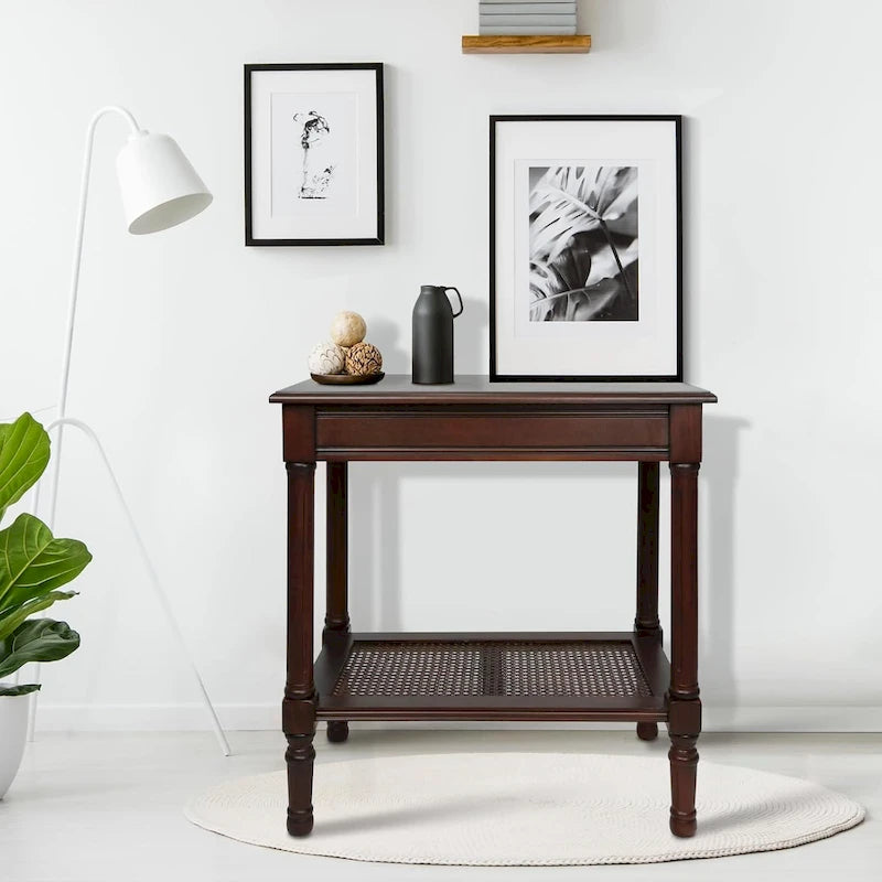 Solid Wood Side Table with Lower Storage Shelf