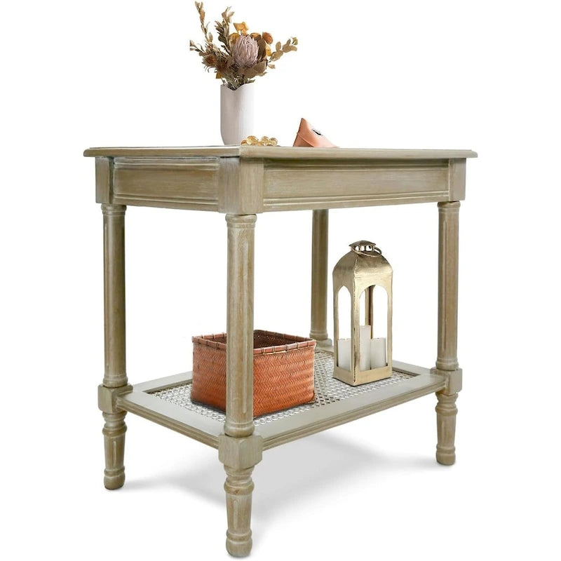 Solid Wood Side Table with Lower Storage Shelf