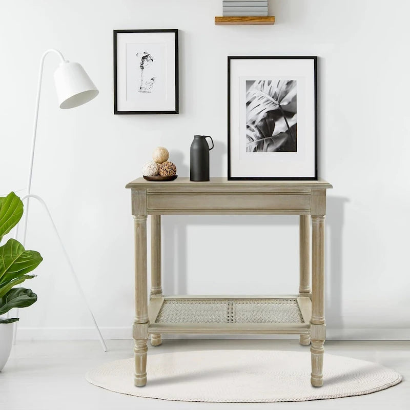Solid Wood Side Table with Lower Storage Shelf